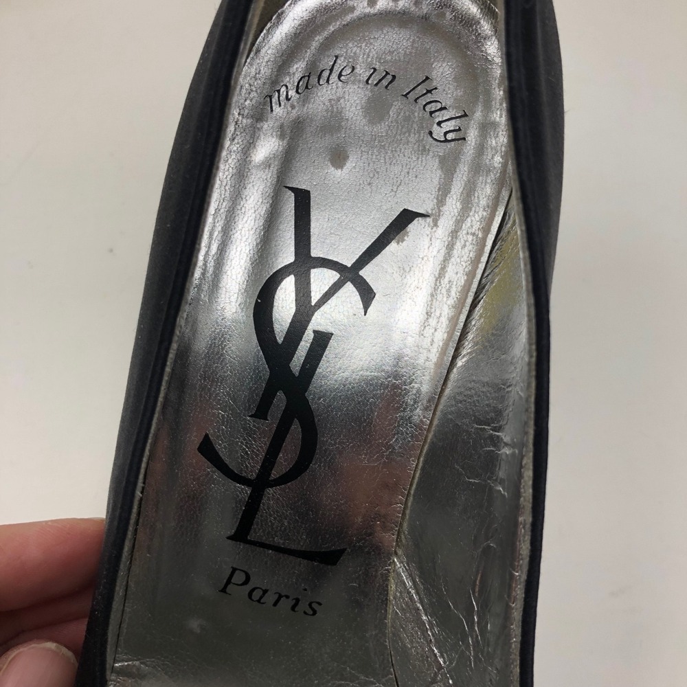 Saint Laurent Pumps Women 8 Black Satin Rhinestone Vintage YSL Heels - Picture 12 of 15
